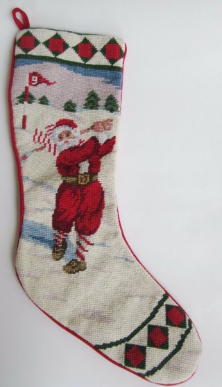 Vintage Christmas Needlepoint Stocking Santa Gulfing