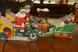 3 - Vintage Christmas Santa Motorcycle And Sleigh Cardboard Store Display