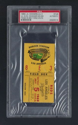 Vintage 1969 Reds @ La Dodgers Ticket Stub - Pete Rose Hr 65 / Perez Hr 79 - Psa