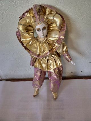 Harlequin Porcelain Mardi Gras Jester Doll 16 " Gold Purple