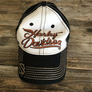 Harley Davidson Hat Black White With Orange Embroidered Spell Out