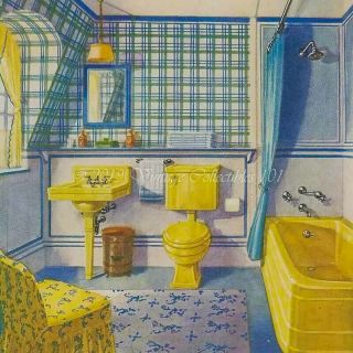 1931 Crane Blue Yellow Bathroom Plumbing Fixture Advertising Art Deco Vintage Ad