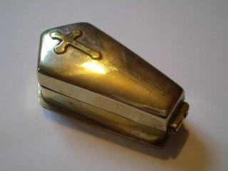 Charming Antique/vintage Silver Plated Gold Cross Coffin Design Pill Box