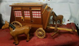 Vintage Hand Crafted Wooden Stage Coach And 2 Hand Carved Wooden Horses