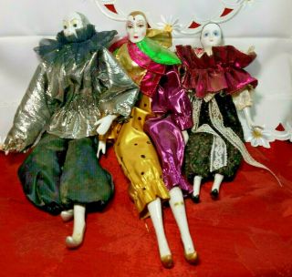 Three Vintage 80’s Porcelain Clown Jester Harlequin Doll Figures 2 - 18 " 1 - 12 " Tall