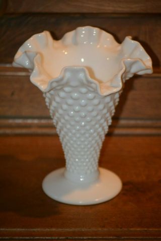 Vintage Fenton White Milk Glass Hobnail Trumpet Vase - 7 3/4 " Tall - Ruffled Rim