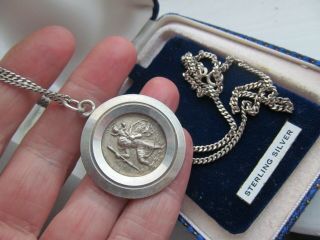 Large Vintage St Christopher Unisex On 22 Inch Silver Chain Orig Box