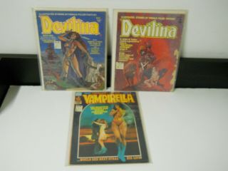 3 Vintage Comic Magazines 1975 1 & 2 Devilina & 1977 59 Vampirella Fantasy