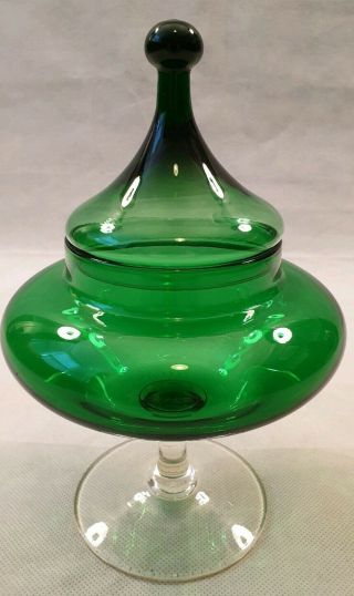 Empoli Green Glass With Lid Apothecary Jar Vintage Mid - Century 11 " 1960s 1970s