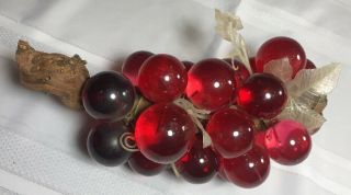 Vintage Acrylic Glass Lucite Grape Cluster Red Large Driftwood Stem Retro 12”
