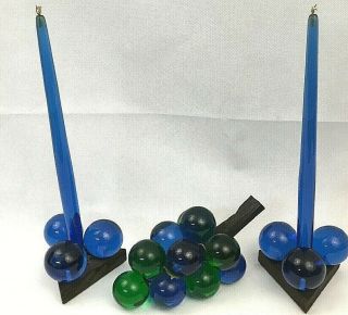 Vintage Blue And Green Acrylic Lucite Grape Cluster With Candles Set