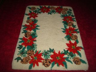 Vintage Small Handmade Latch Hooked ? Tapestry Christmas Welcome Door Mat / Rug
