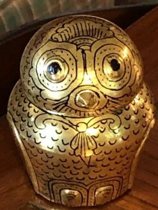 Vtg Burmese Black & Gold Lacquerware Owl Small Ginger Jar Container Chinoiserie