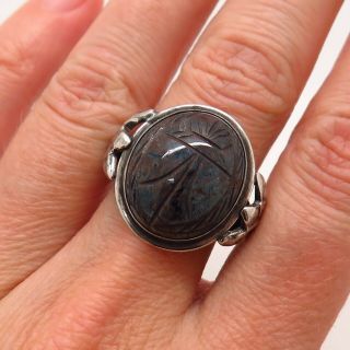 Vintage 925 Sterling Silver Carved Lapis Lazuli Gem Scarab Beetle Design Ring