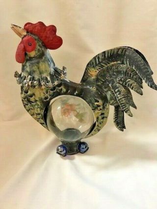 Vintage Rustic Metal Rooster Statue w/Removable Glass Center - Approx.  10.  5 Tall 2