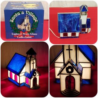 Vintage Stained Glass Lighted Christmas Church Chapel Bell Cross Rich Colors