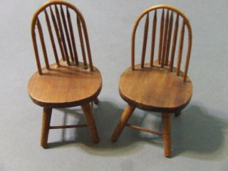Vintage Miniature Dollhouse 2 Antique Walnut Dining Chairs Fanback Windsor