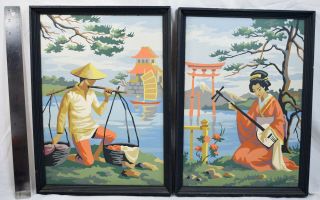 2 Vintage Paint By Number 14x10 " Framed Pictures Japanese Man,  Geisha? Woman