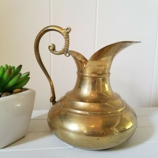 Vintage Brass Pitcher With Handle Vase Made In India Gold Home Kitchen Decor