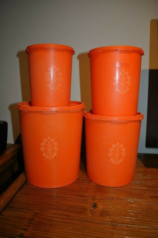 Set Of 4 Vintage Orange Tupperware Canisters Storage Containers With Lids Euc
