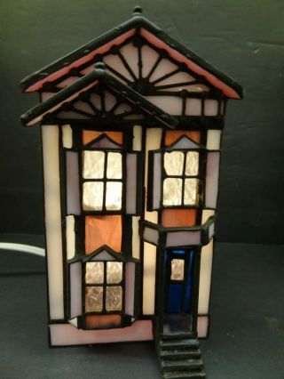 Vintage Crystal Village Holiday Creations Amathist Stained Glass Two Story House