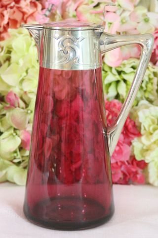 Very Fine Art Nouveau,  Blown,  Ruby Claret Jug Or Pitcher With Silver Top