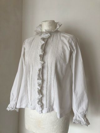 Vintage Antique 1900s Fine French Hand Embroidered White Cotton Blouse Shirt