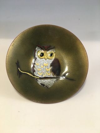 Vintage Handcrafted Painted Owl Bovano Of Cheshire Conn Metal Dish Mid - Century