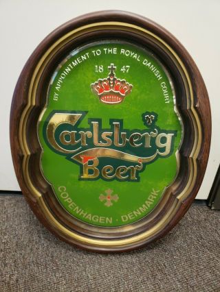 Vintage Carlsberg Beer Mirror Sign 1986 Denmark Anheuser Busch Wood Shadowbox