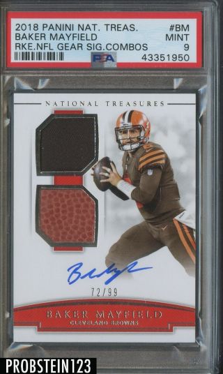 2018 National Treasures Nfl Gear Baker Mayfield Browns Rc Jersey Auto /99 Psa 9