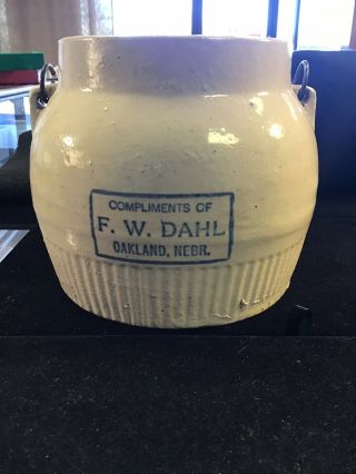 Antique Vintage Red Wing Stoneware Advertising Bean Pot: F.  W Dahl Oakland Nebr.