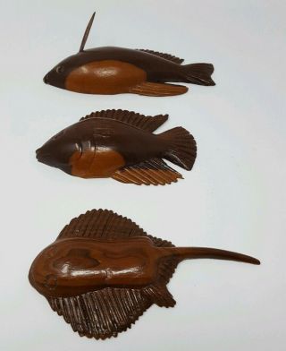 Vintage 3 Fish Hand - Carved Wooden Wall Art Signed By Artist