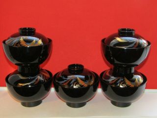 Set Of 5 Vintage Kansai Yamamoto Black Lacquer Rice Bowls With Lids