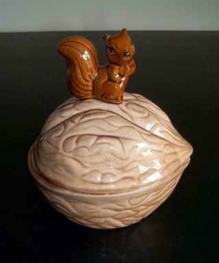 Vintage Ceramic Squirrel On Walnut Cookie Jar / Candy Dish / Nut Bowl Fall Decor