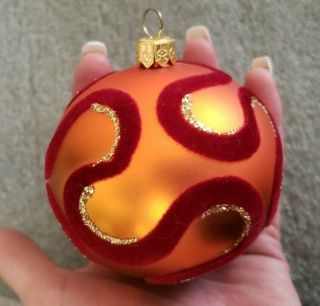 Gorgeous Vintage Set 2 Hand Blown Glass Christmas Ornaments Orange Red Flocked