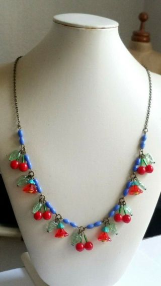 Czech Cherry And Orangy Red Flower Glass Bead Necklace Vintage Deco Style