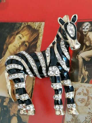 Ad094 Art Deco Vintage Gold Black Enamel White Crystal Zebra Horse Animal Brooch