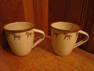 Set Of 2 Vintage Western Cowboy Horse Marble Canyon Enamel Metal Coffee Mugs Euc