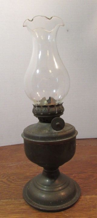 Vintage 9 " Tall Made In India Brass Metal Oil Lamp W/ruffled/shade