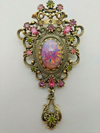 Signed Coventry Harlequin Glass Contessa Vintage Gold Brooch Pin Faux Pink Opal