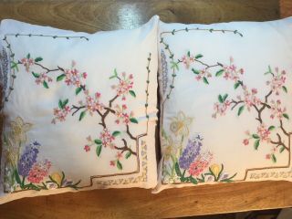 2 Vintage Hand Embroidered Irish Linen Cushion Covers Spring Flowers