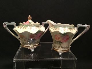 Antique Rs Prussia Creamer Sugar Roses Footed