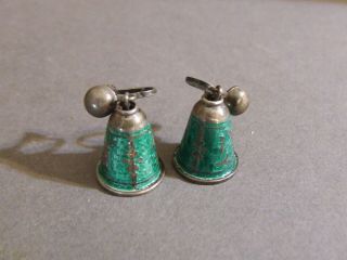 Vintage Siam Sterling Silver Green Enamel Thai Dancer Bell Screw On Earrings