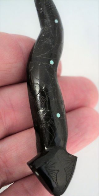 Vtg Signed Sn Zuni Black Snake Fetish 15g Carved Stone Turquoise Inlay 3.  25 "