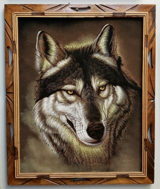 Vintage Wolf Painting On Velvet Signed Sanchez