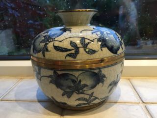 Vintage Chinese Crackle Glaze Blue White Ginger Jar Lidded Bowl Brass Trim