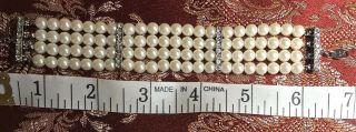Vintage 4 Strand Faux Pearl And Rhinestone Bracelet Gold And Silver Tone 6 1/2”