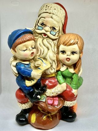 Vintage Chalkware Christmas Santa With Boy And Girl Bank,  Made In Japan,  1970s