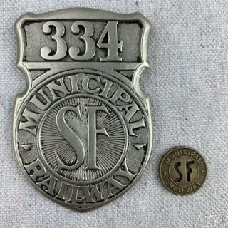 Antique San Francisco Sf Municipal Railway Badge 334,  Trolley Cable Car Obsolete