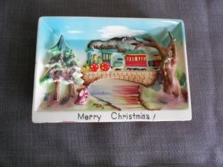 Rare Vintage Ucagco 3d Christmas Scene Ceramic Wall Plaque Japan Train Bunny